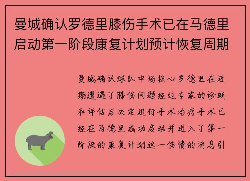 曼城确认罗德里膝伤手术已在马德里启动第一阶段康复计划预计恢复周期受关注 曼城确认罗德里膝伤手术已在马德里启动第一阶段康复计划预计恢复周期受关注